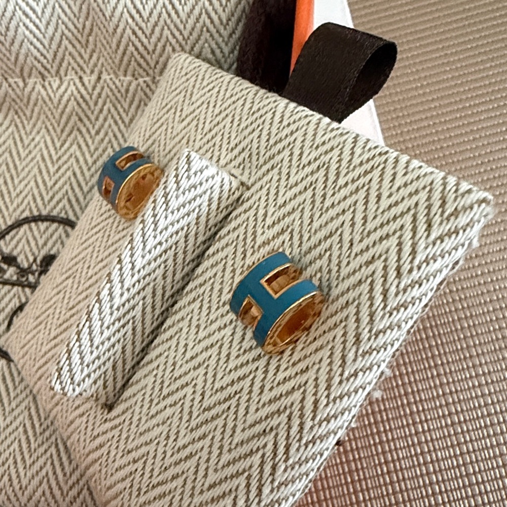 Hermes mini pop H earrings Bleu Jean/Gold - Picture 5 of 5